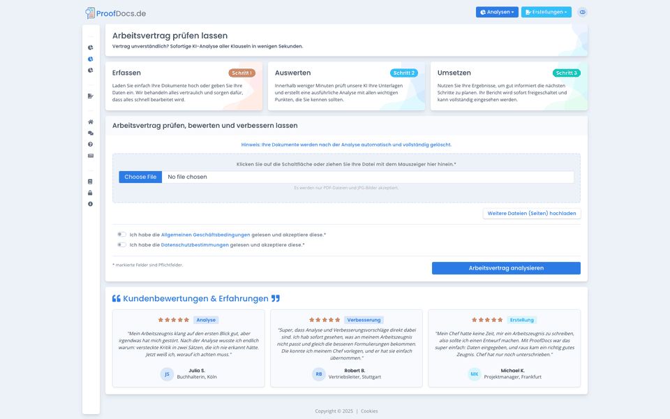 Demo: Arbeitsvertragsanalyse – Vertrag hochladen, Analyse starten, Klauselbewertung