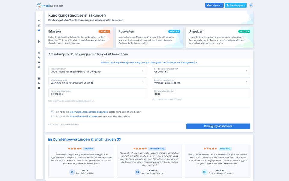 Demo: Kündigungsanalyse – Daten eingeben, Abfindung berechnen, Klagefrist erhalten